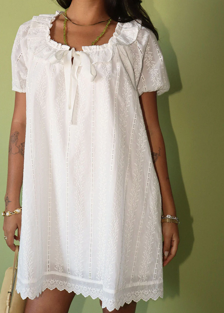 Belinda Eyelet Babydoll Mini Dress - Cream - Image 4