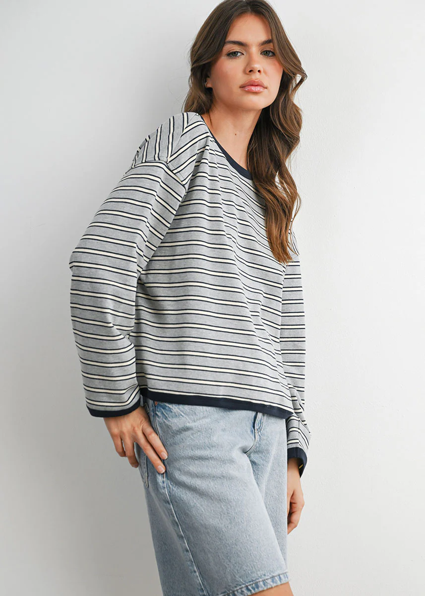Carolyn Striped Long Sleeve Top - Grey Navy - Image 2