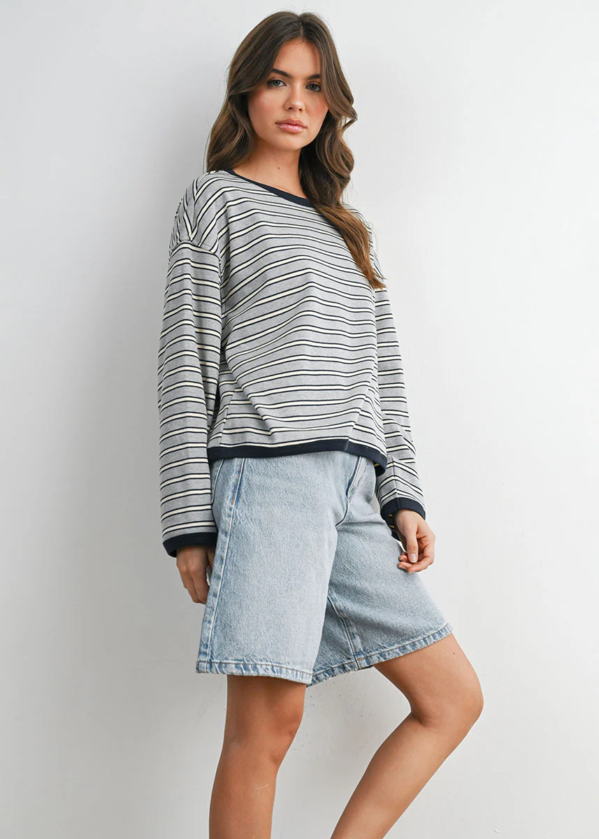 Carolyn Striped Long Sleeve Top - Grey Navy - Image 4