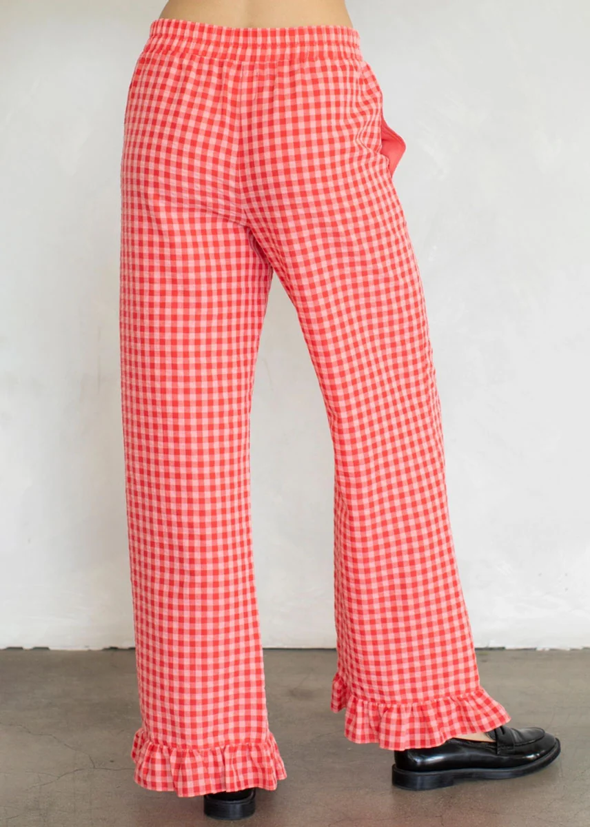 Checkered Ruffle Hem Pant - Coral - Image 3
