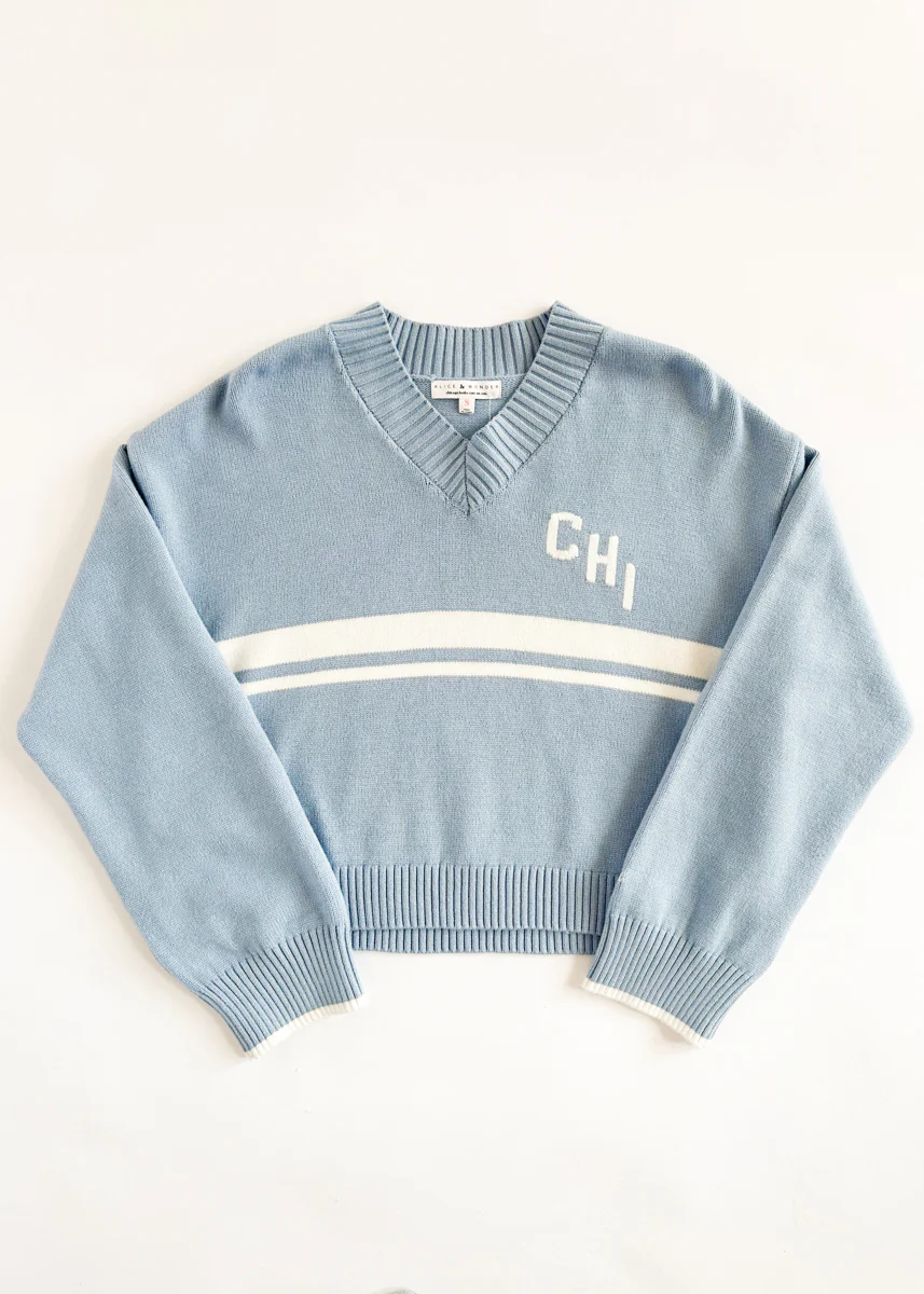 Chi Striped V-Neck Crop Sweater - Light Blue - Image 2