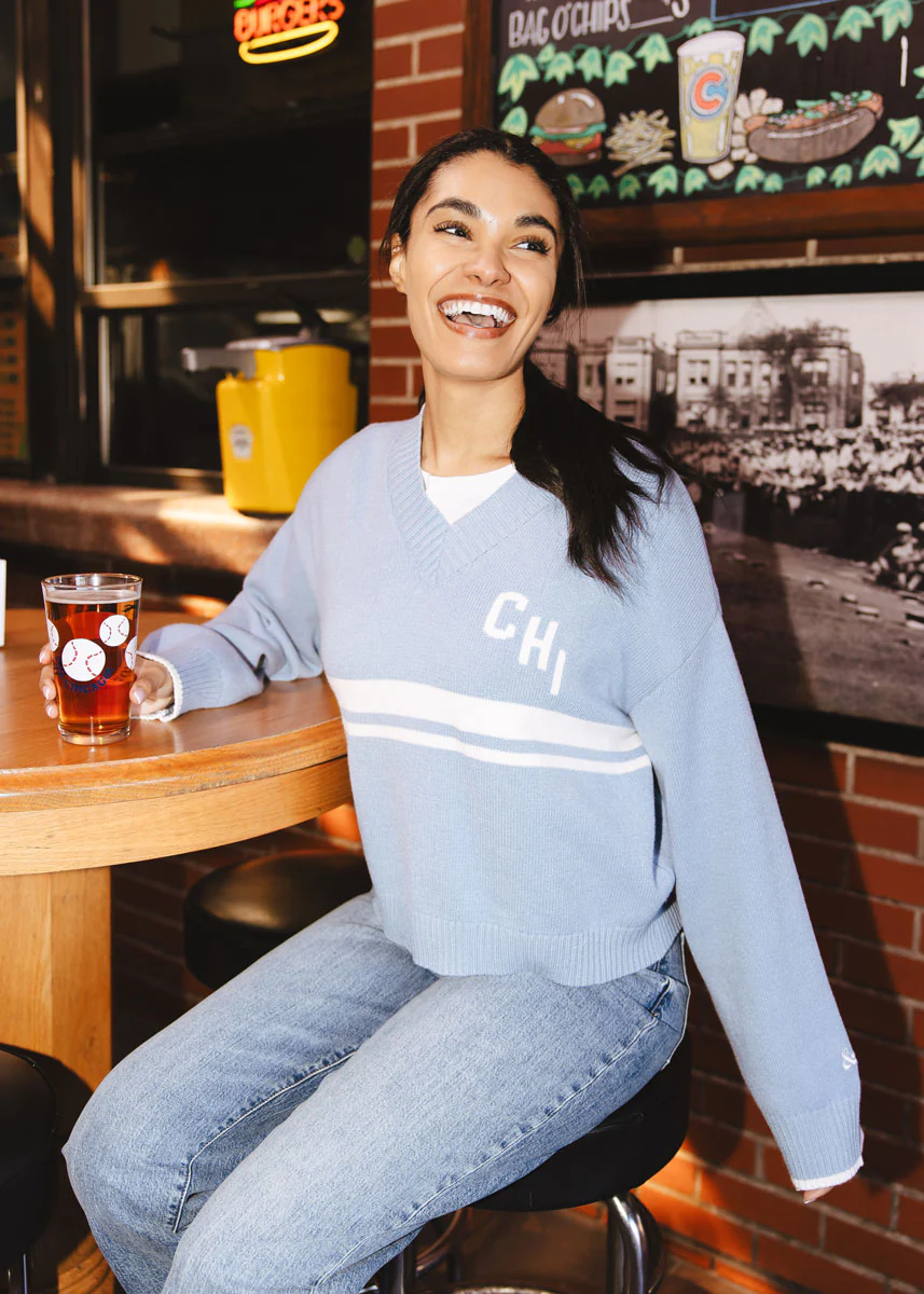 Chi Striped V-Neck Crop Sweater - Light Blue - Image 4