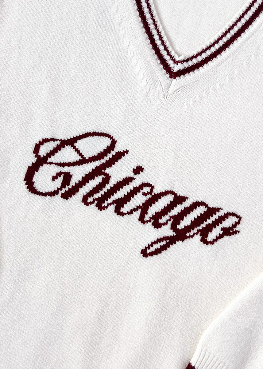 Chicago Collegiate V-Neck Sweater - Cream/Maroon - Image 11