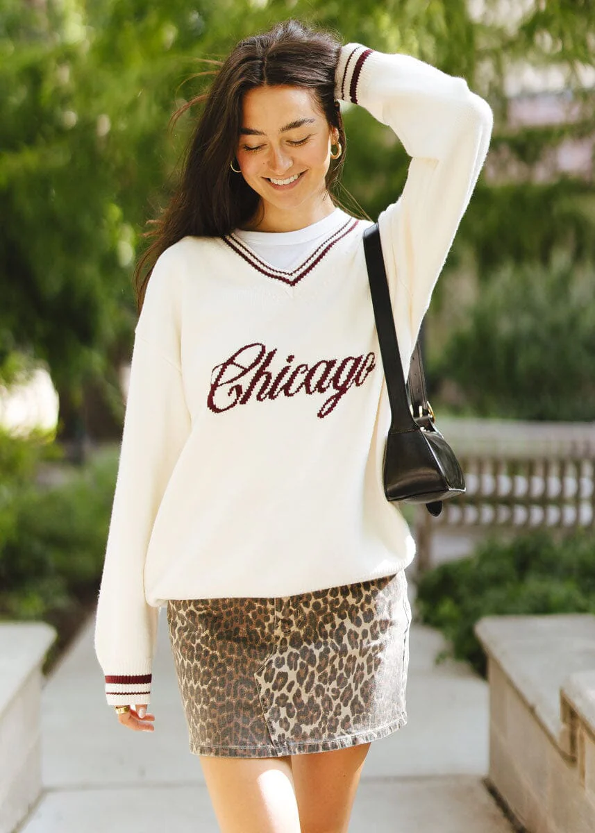 Chicago Collegiate V-Neck Sweater - Cream/Maroon - Image 4