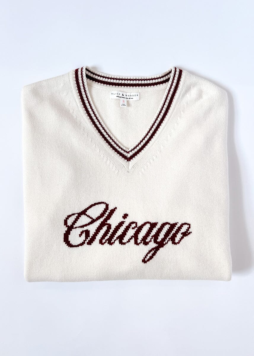 Chicago Collegiate V-Neck Sweater - Cream/Maroon - Image 9