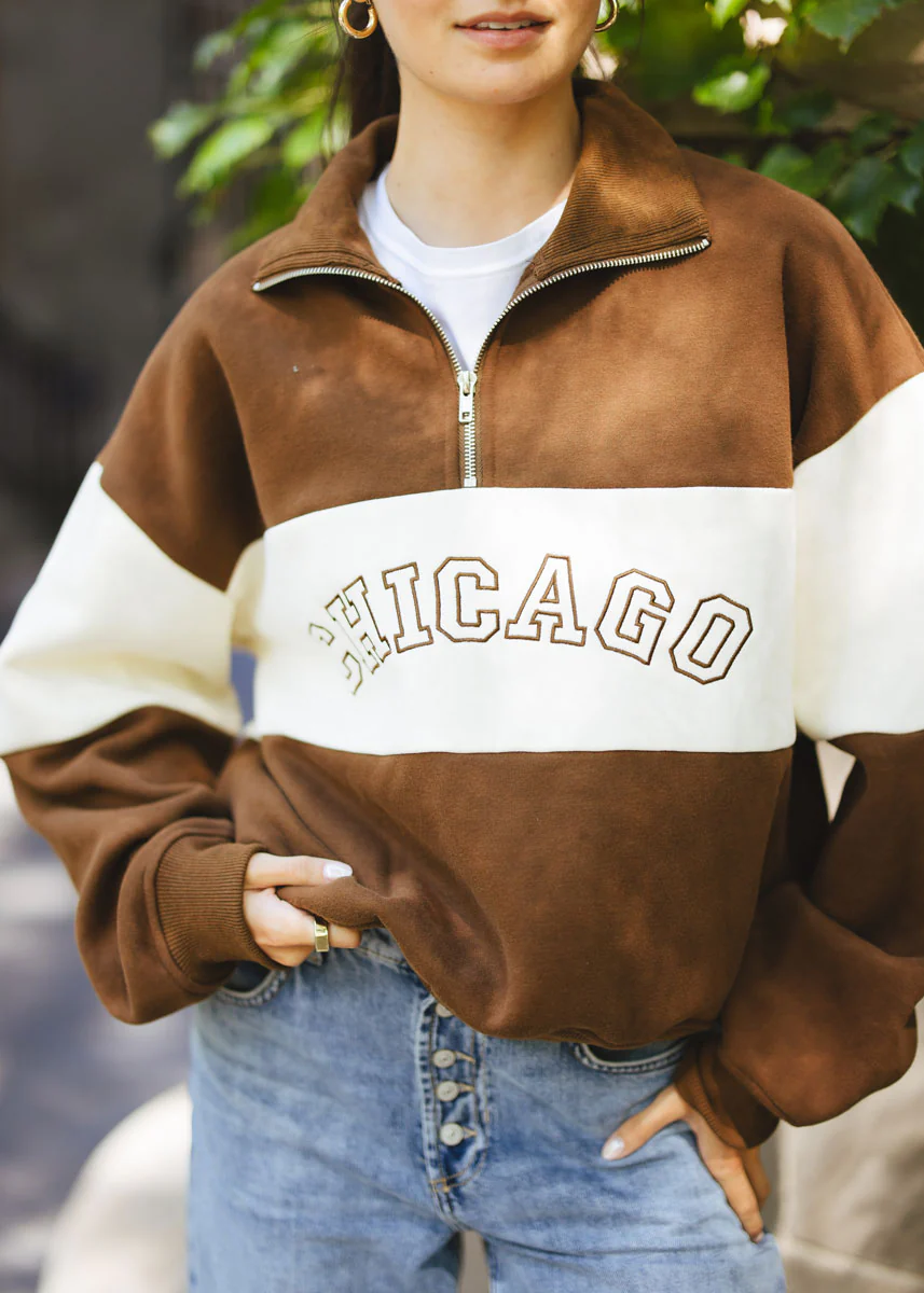 Chicago Color Blocked Quarter Zip Sweatshirt - Chocolate - Image 9