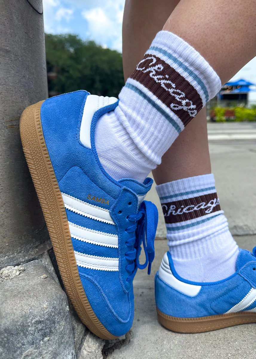 Chicago Script Triple Stripe Long Crew Sock - Espresso & Blue - Image 2