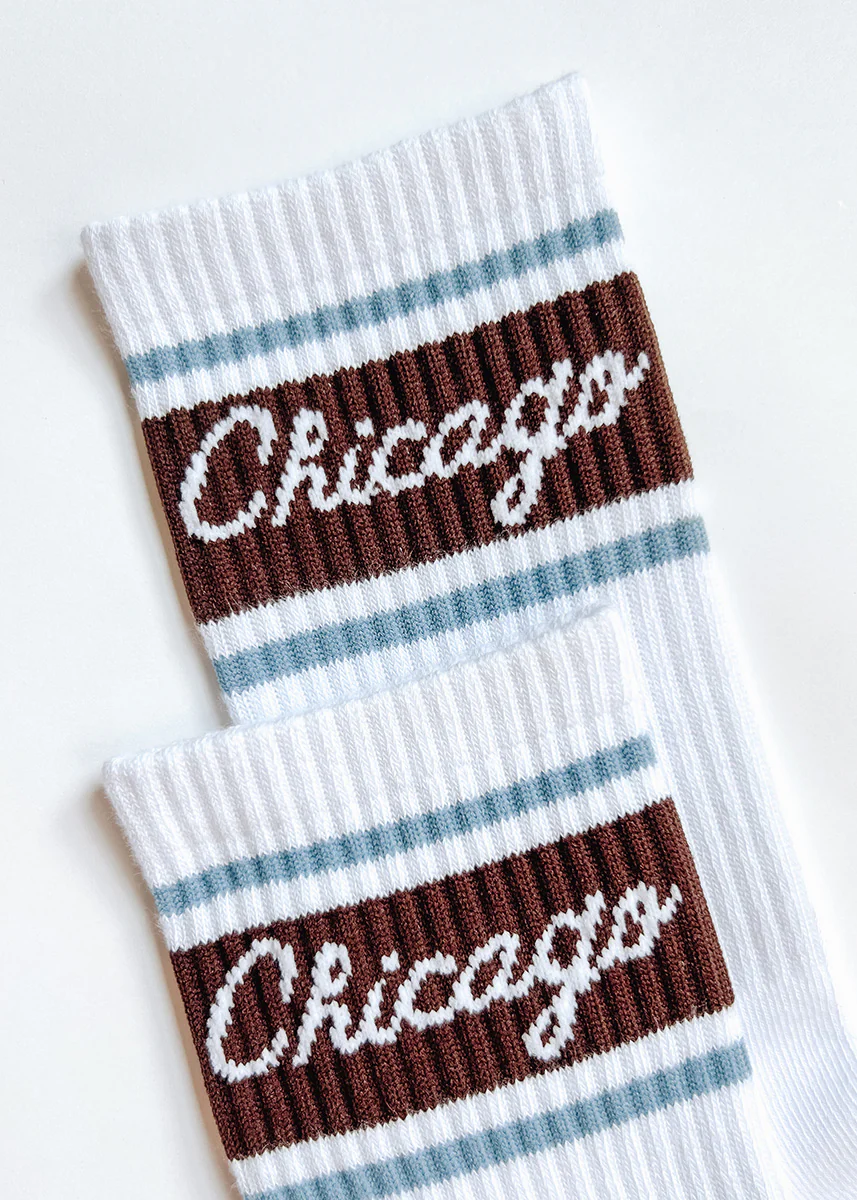 Chicago Script Triple Stripe Long Crew Sock - Espresso & Blue - Image 3