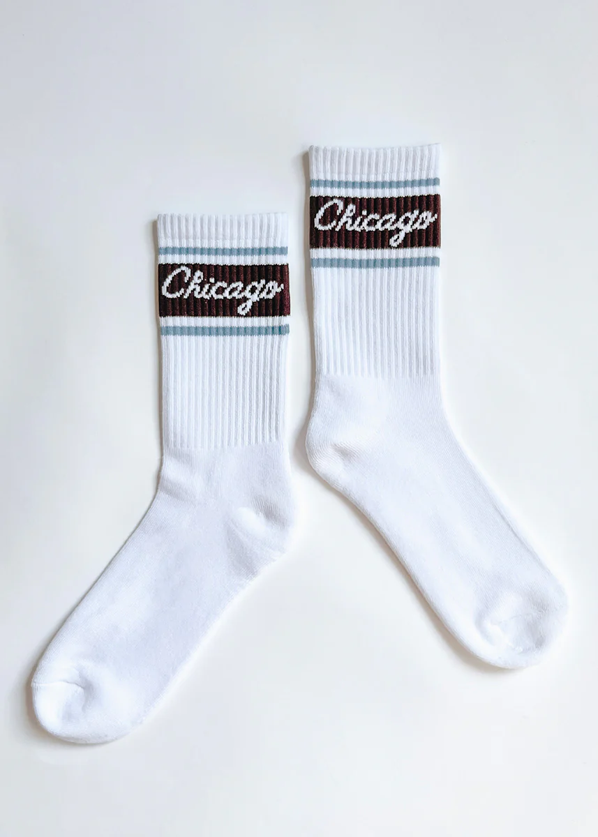 Chicago Script Triple Stripe Long Crew Sock - Espresso & Blue - Image 4