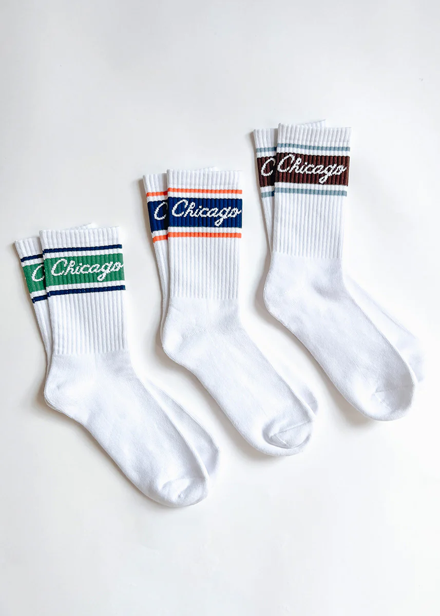 Chicago Script Triple Stripe Long Crew Sock - Espresso & Blue - Image 5