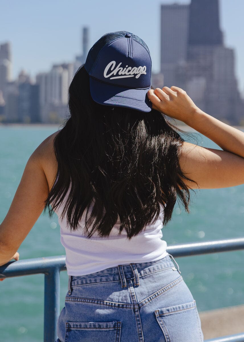 Chicago Script Trucker Hat - Navy - Image 2