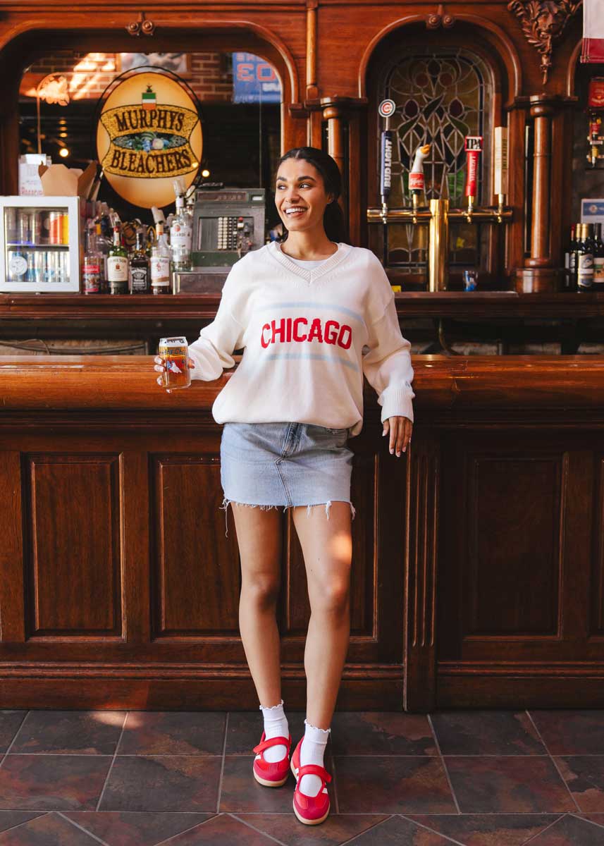 Chicago Striped Oversized V-Neck Sweater - Ivory - Image 4
