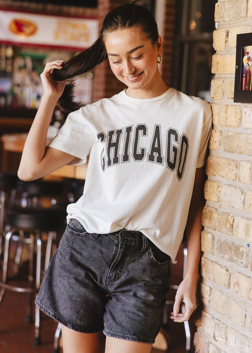 Chicago Varsity Heavyweight Crop Tee - Black & Silver - Image 4
