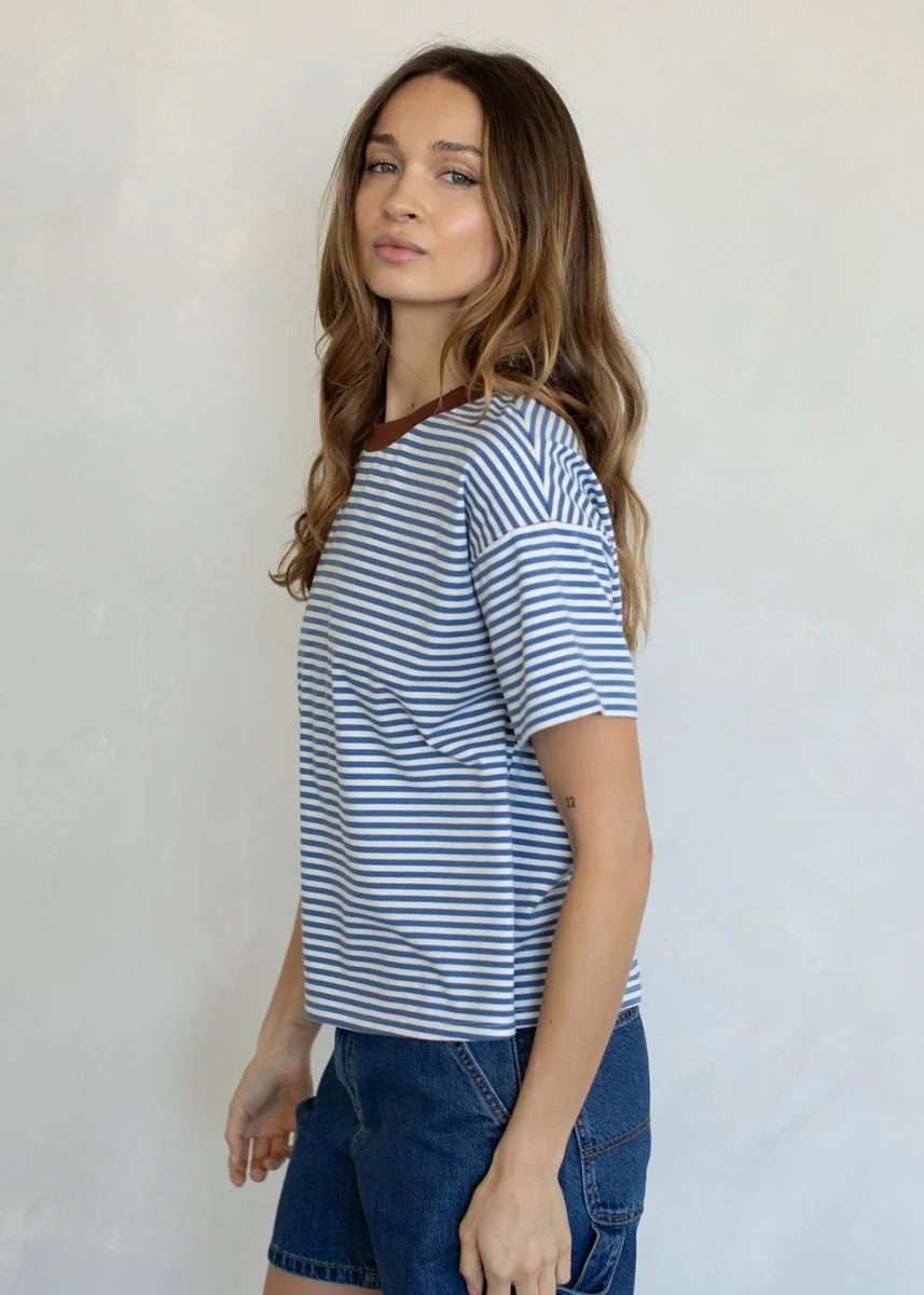 Contrast Stripe Tee - Dusty Blue - Image 2