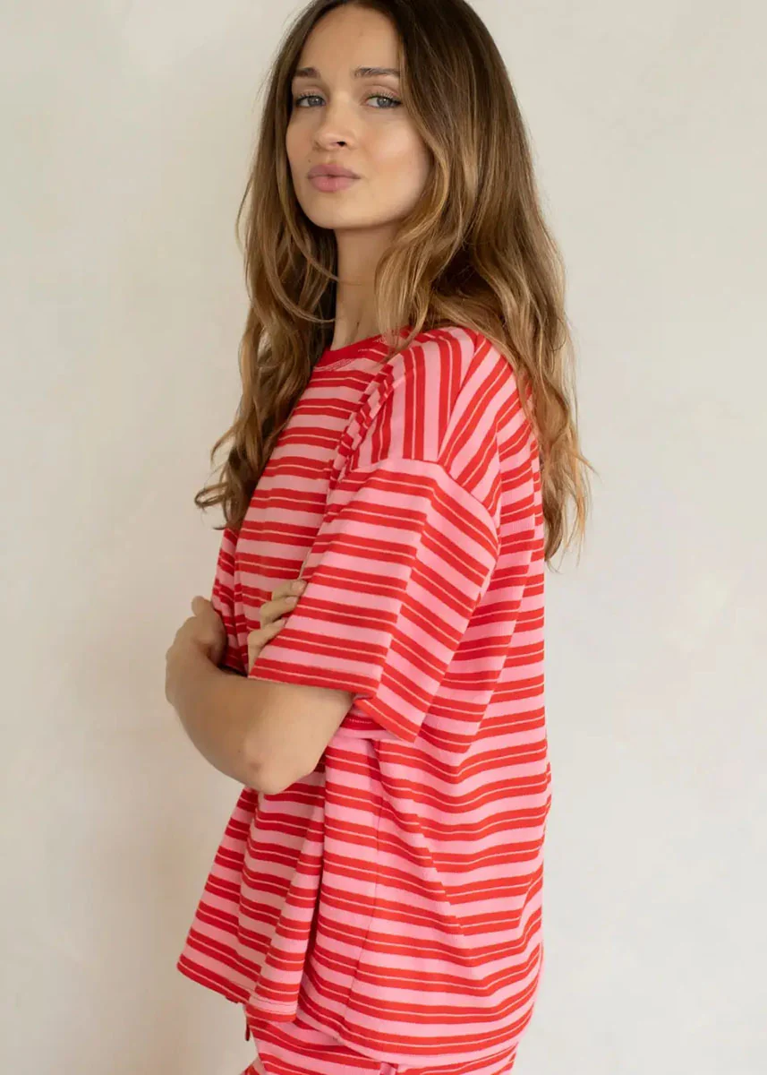 Double Stripe Oversized Tee - Red & Pink - Image 2