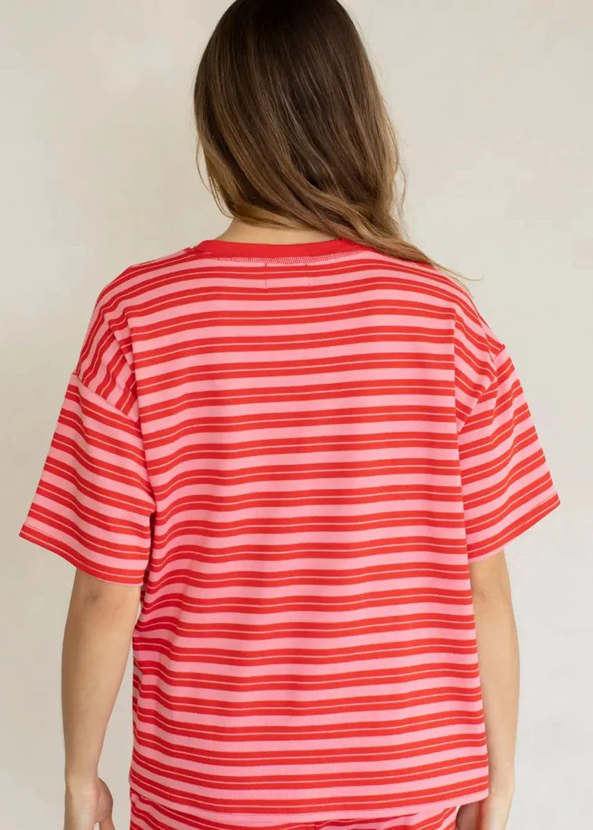 Double Stripe Oversized Tee - Red & Pink - Image 3