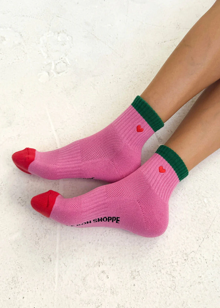 Embroidered Color Block Girlfriend Socks - Rose Green Heart - Image 2
