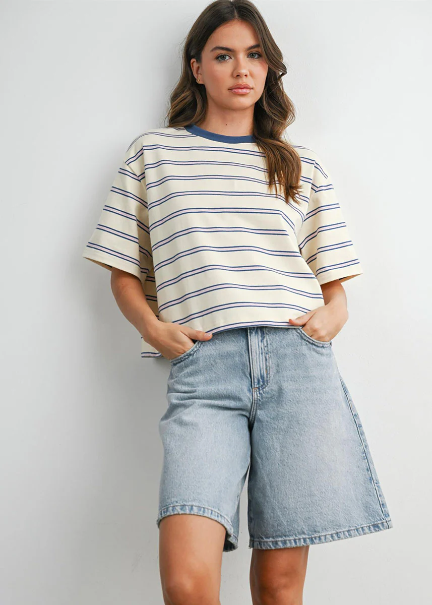 Emiko Striped Crop Tee - Ivory & Blue - Image 2