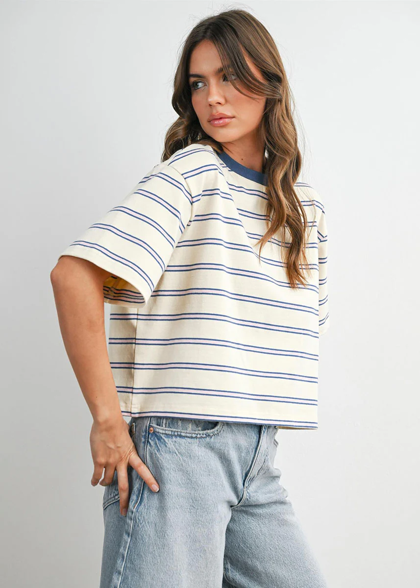 Emiko Striped Crop Tee - Ivory & Blue - Image 3