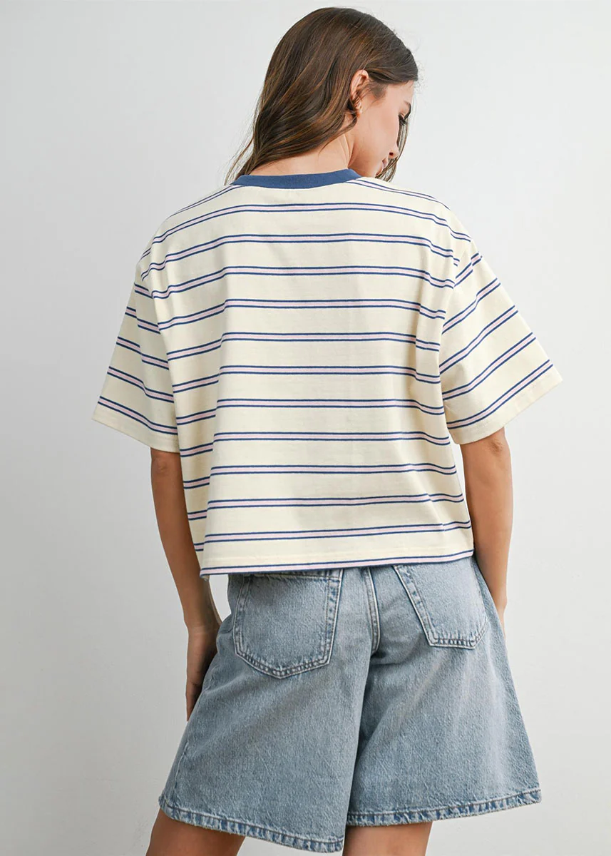 Emiko Striped Crop Tee - Ivory & Blue - Image 5