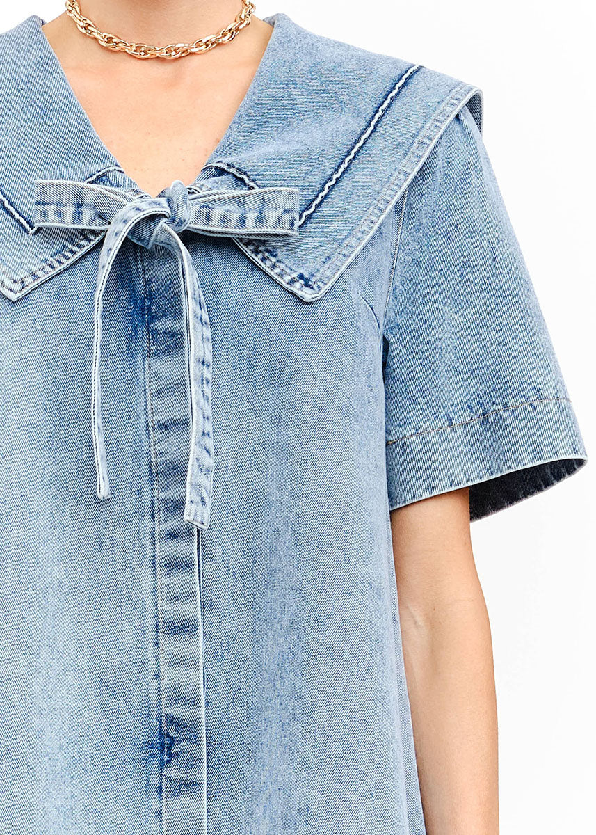 Freya Denim Mini Dress - Light Wash - Image 6