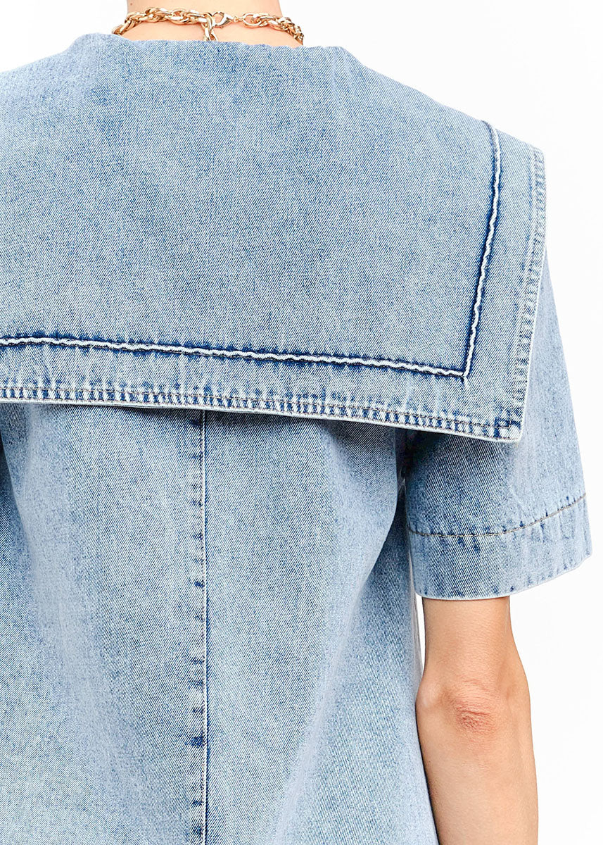 Freya Denim Mini Dress - Light Wash - Image 7
