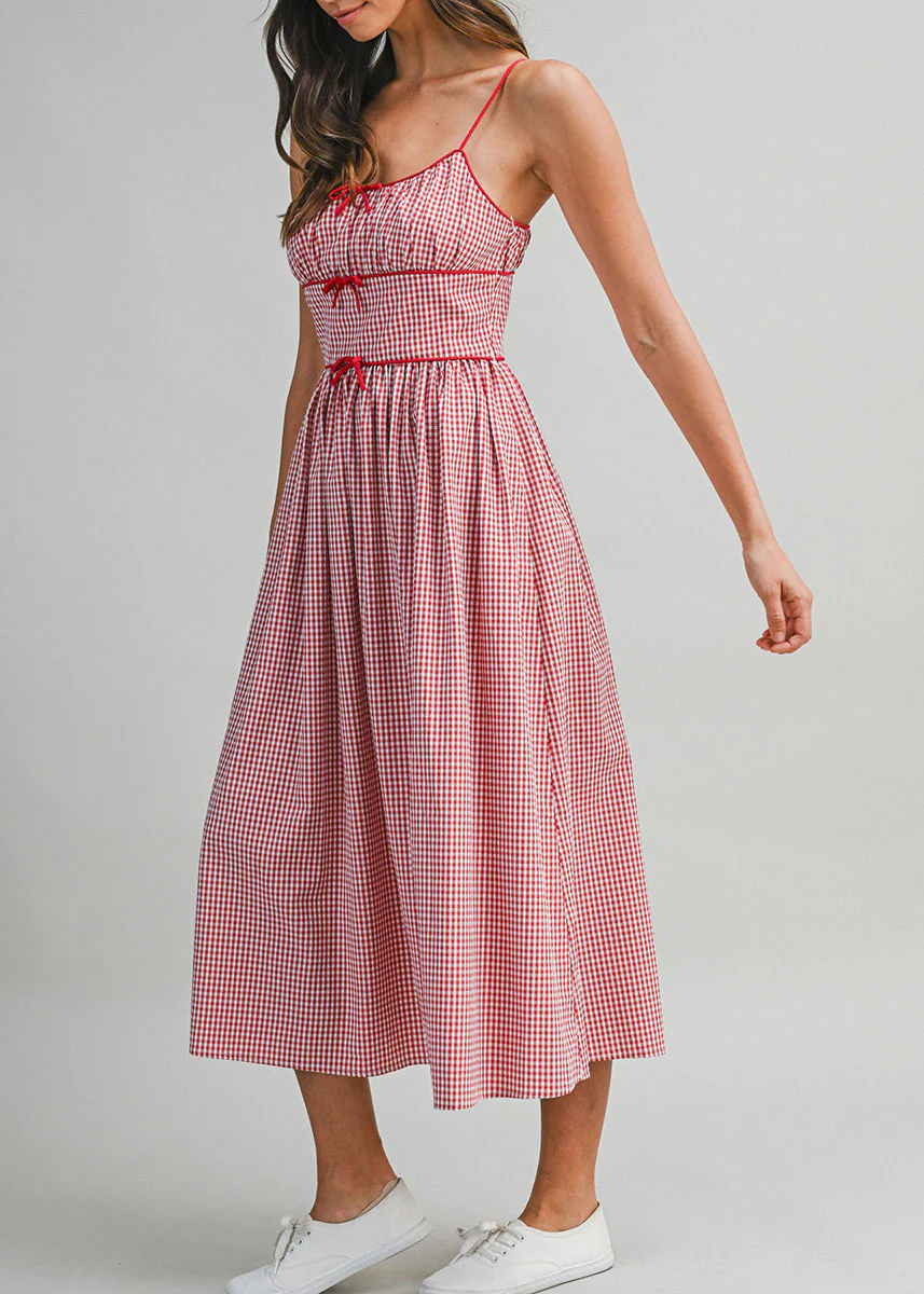 Gabrielle Gingham Ruched Midi Dress - Red - Image 2
