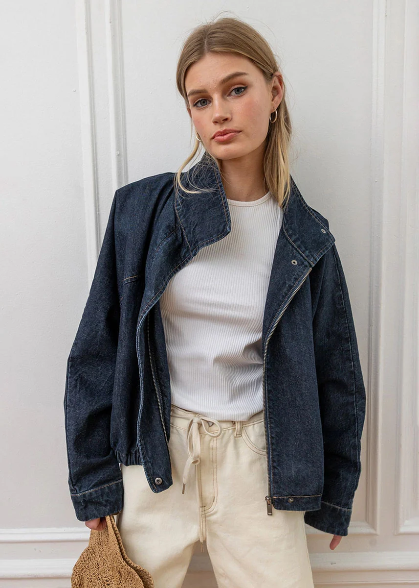 Hillary High Neck Drawstring Denim Jacket - Dark - Image 2