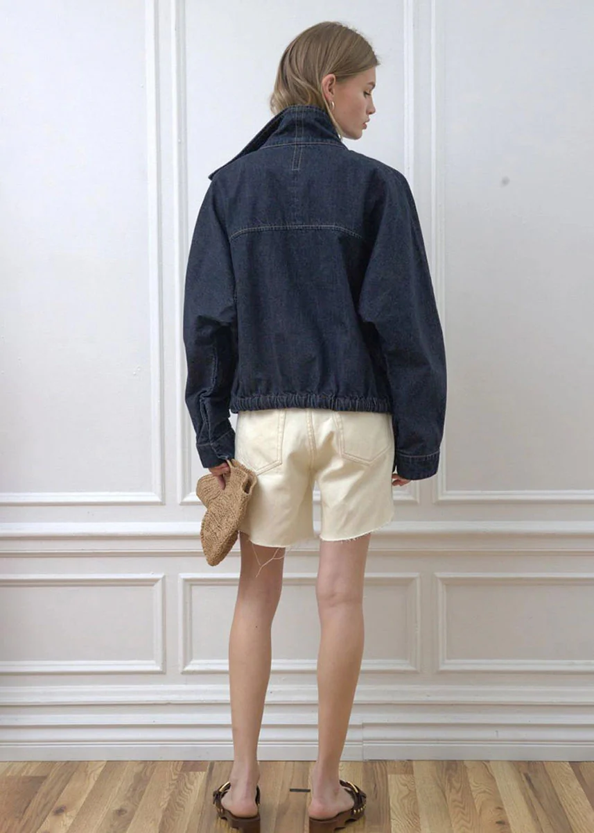 Hillary High Neck Drawstring Denim Jacket - Dark - Image 3