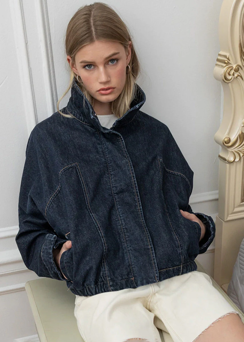 Hillary High Neck Drawstring Denim Jacket - Dark - Image 4