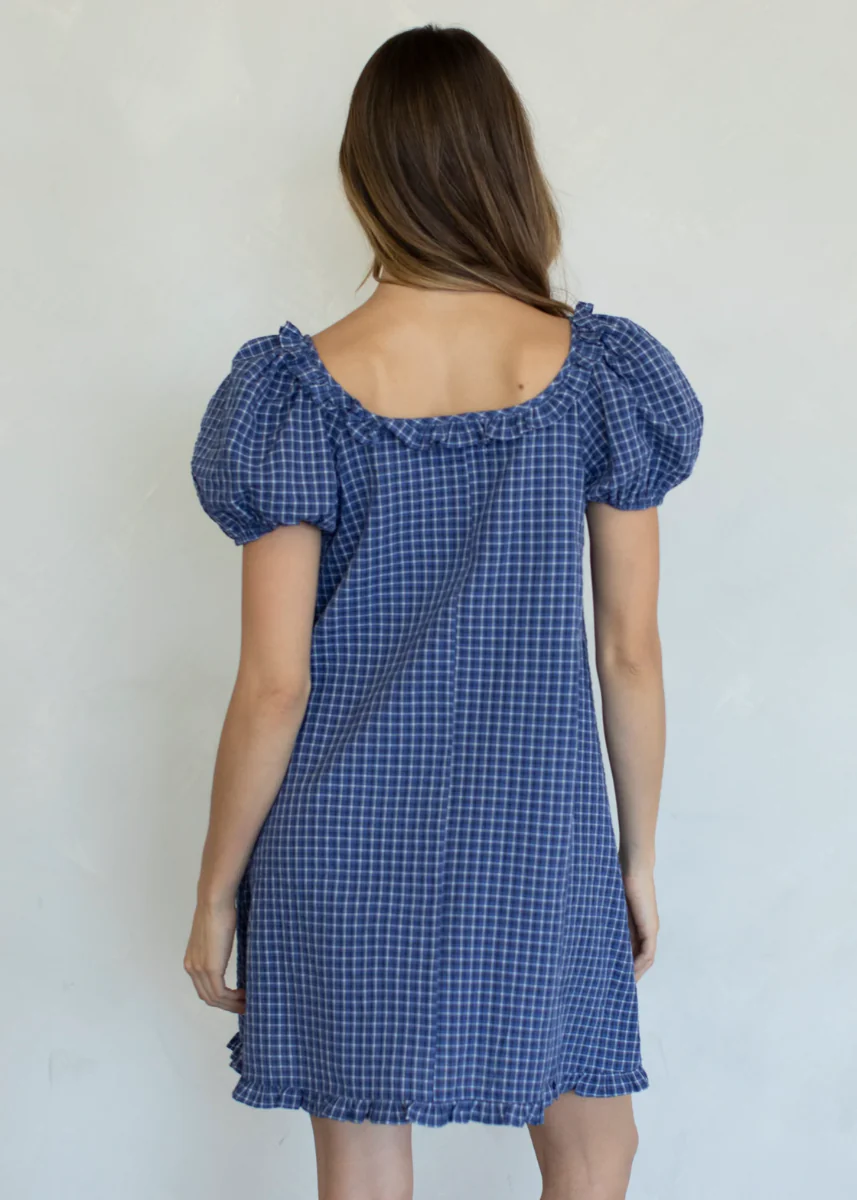 January Checker Ruffle Mini Dress - Blue - Image 3