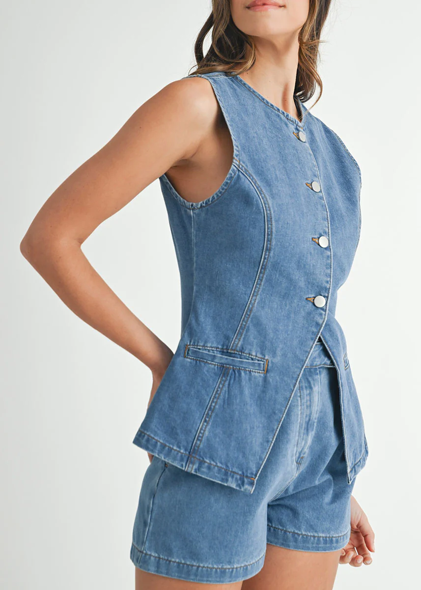 Kyle Denim Vest & Short Set - Medium Denim - Image 2