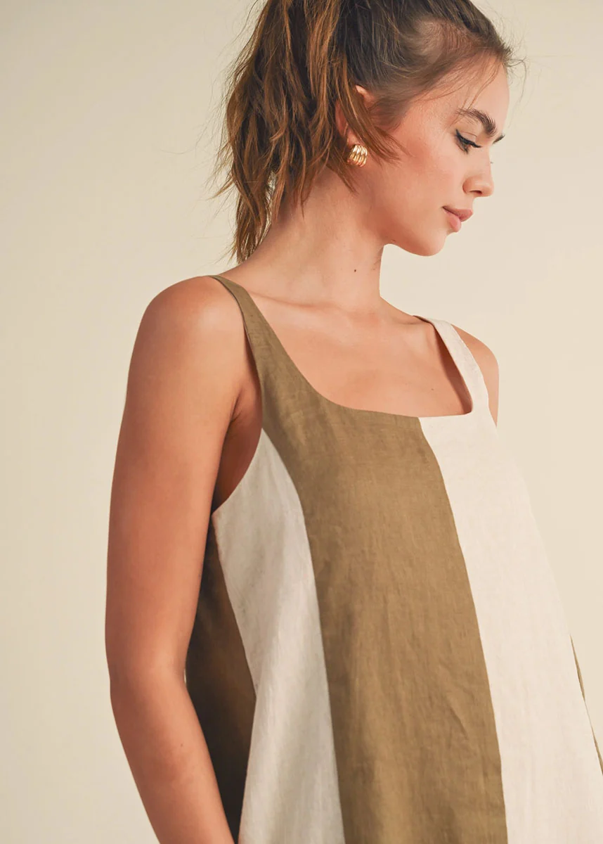 Laurel Color Block Linen Mini Dress - Olive & Oatmeal - Image 4
