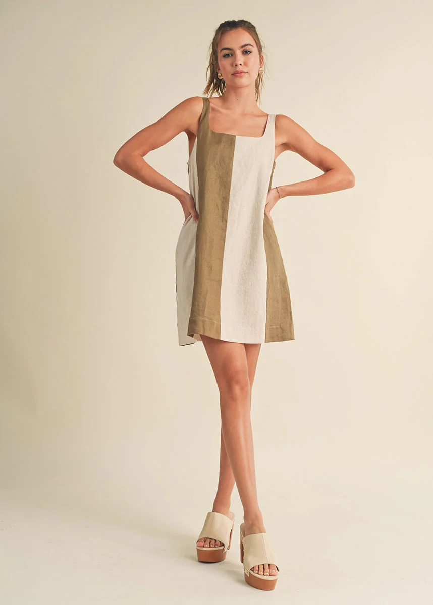 Laurel Color Block Linen Mini Dress - Olive & Oatmeal - Image 5