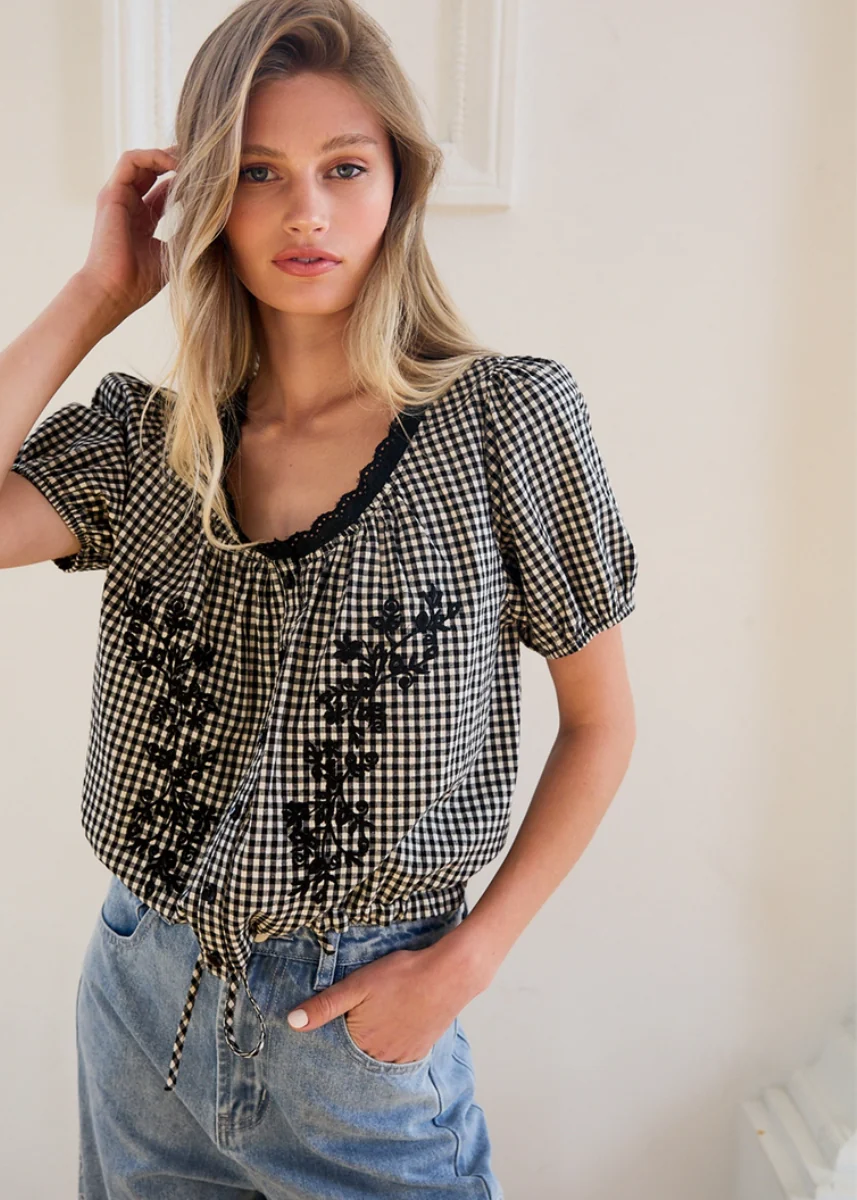 Maeve Embroidered Gingham Top - Image 2
