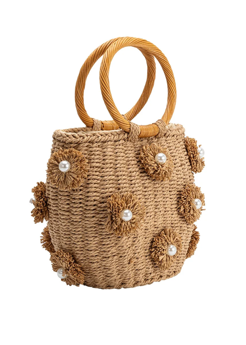 Mary Straw Flower Handle Bag - Tan - Image 2