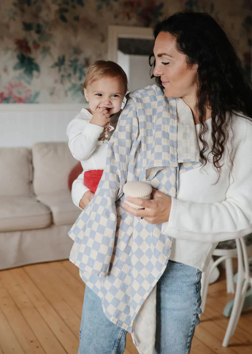Muslin Swaddle Organic Cotton Blanket - Blue Check - Image 2