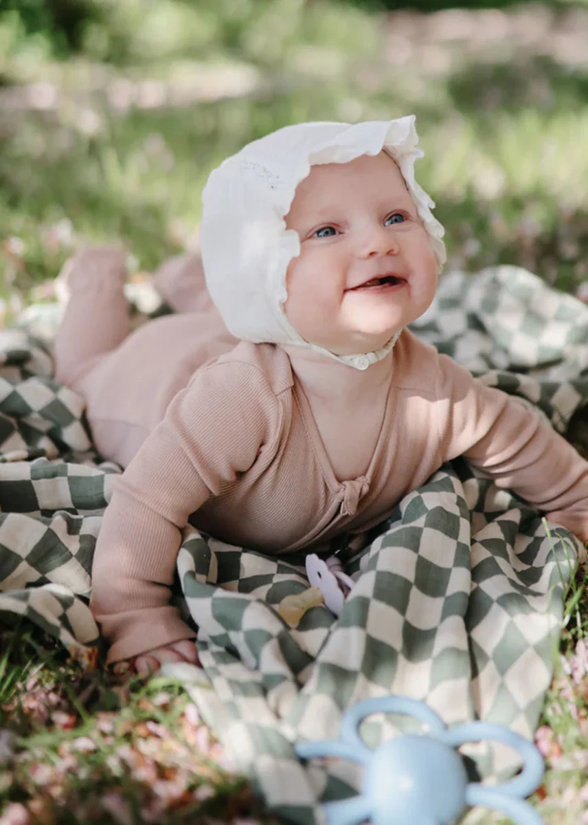 Muslin Swaddle Organic Cotton Blanket - Olive Check - Image 2