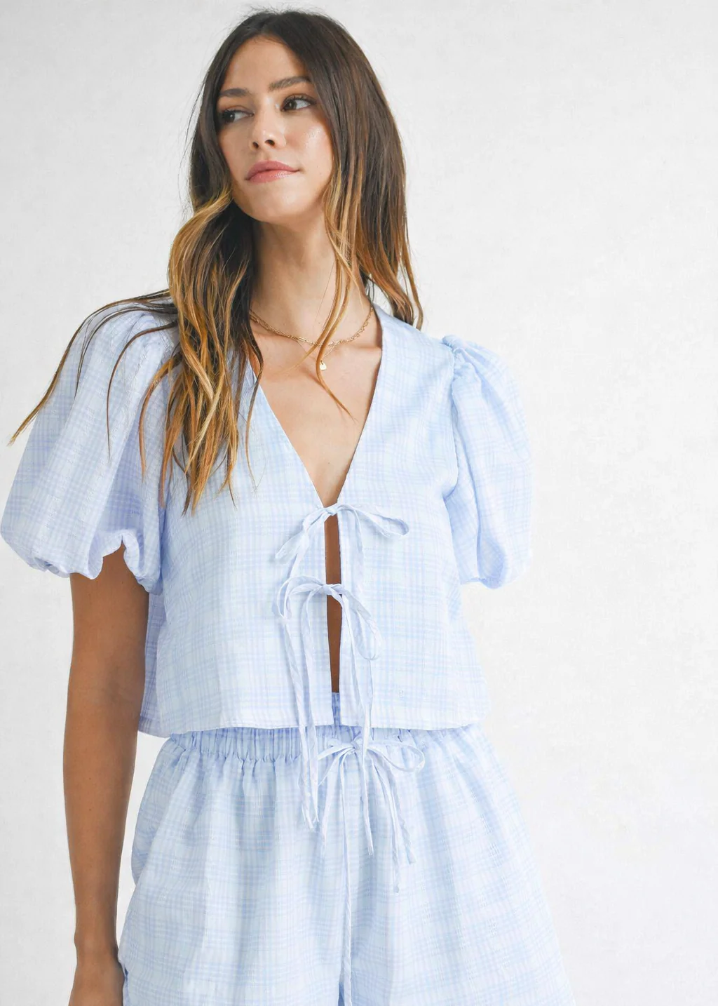 Natalie Bow Blouse & Shorts Set - Blue - Image 2