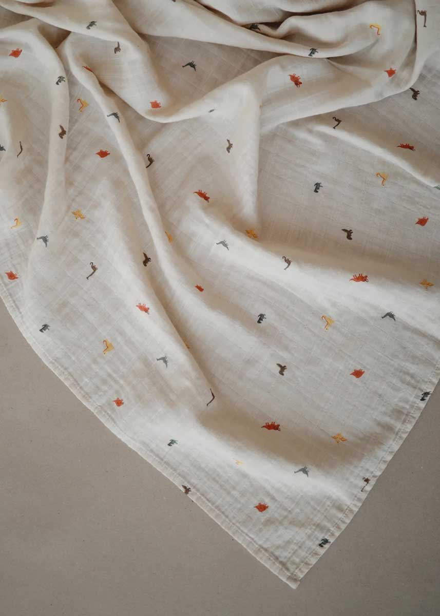 Organic Cotton Muslin Swaddle Blanket - Dinosaurs - Image 2