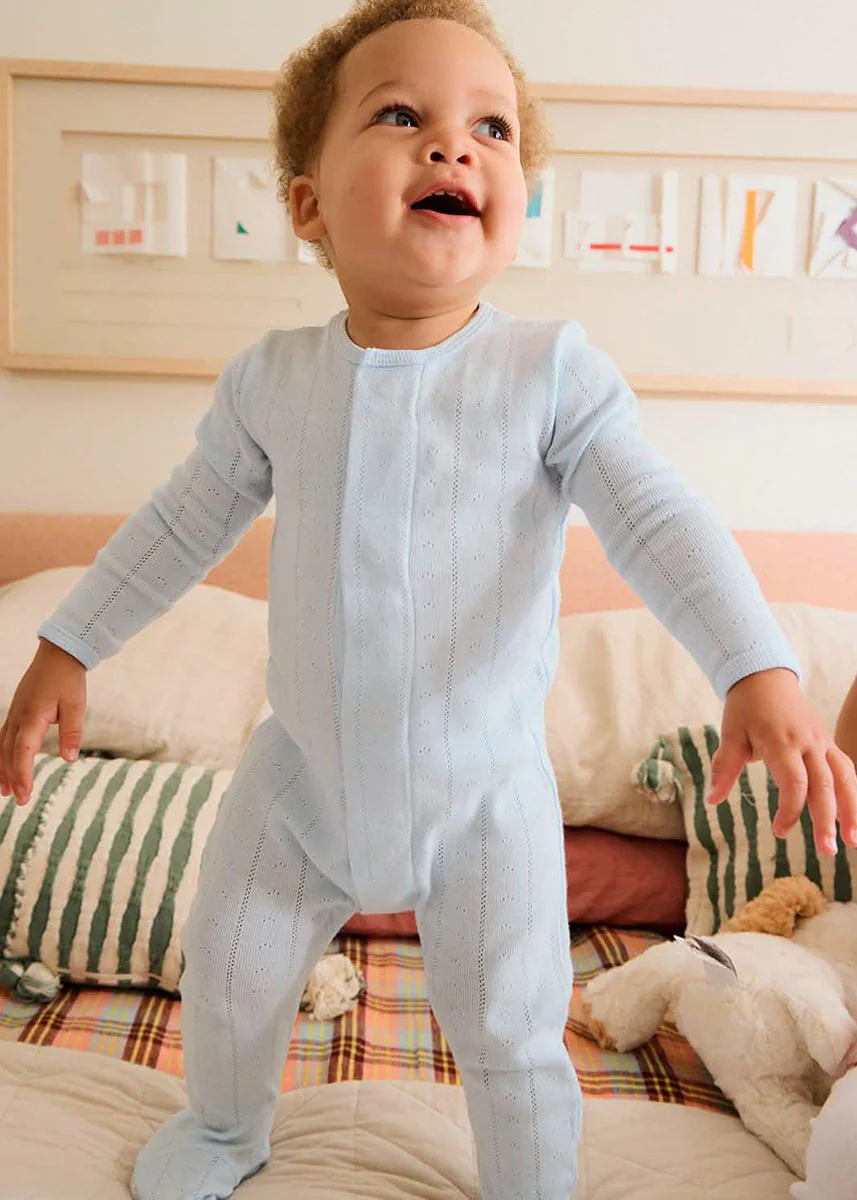 Organic Cotton Pointelle Magnetic Footie - Love Lines Blue - Image 2
