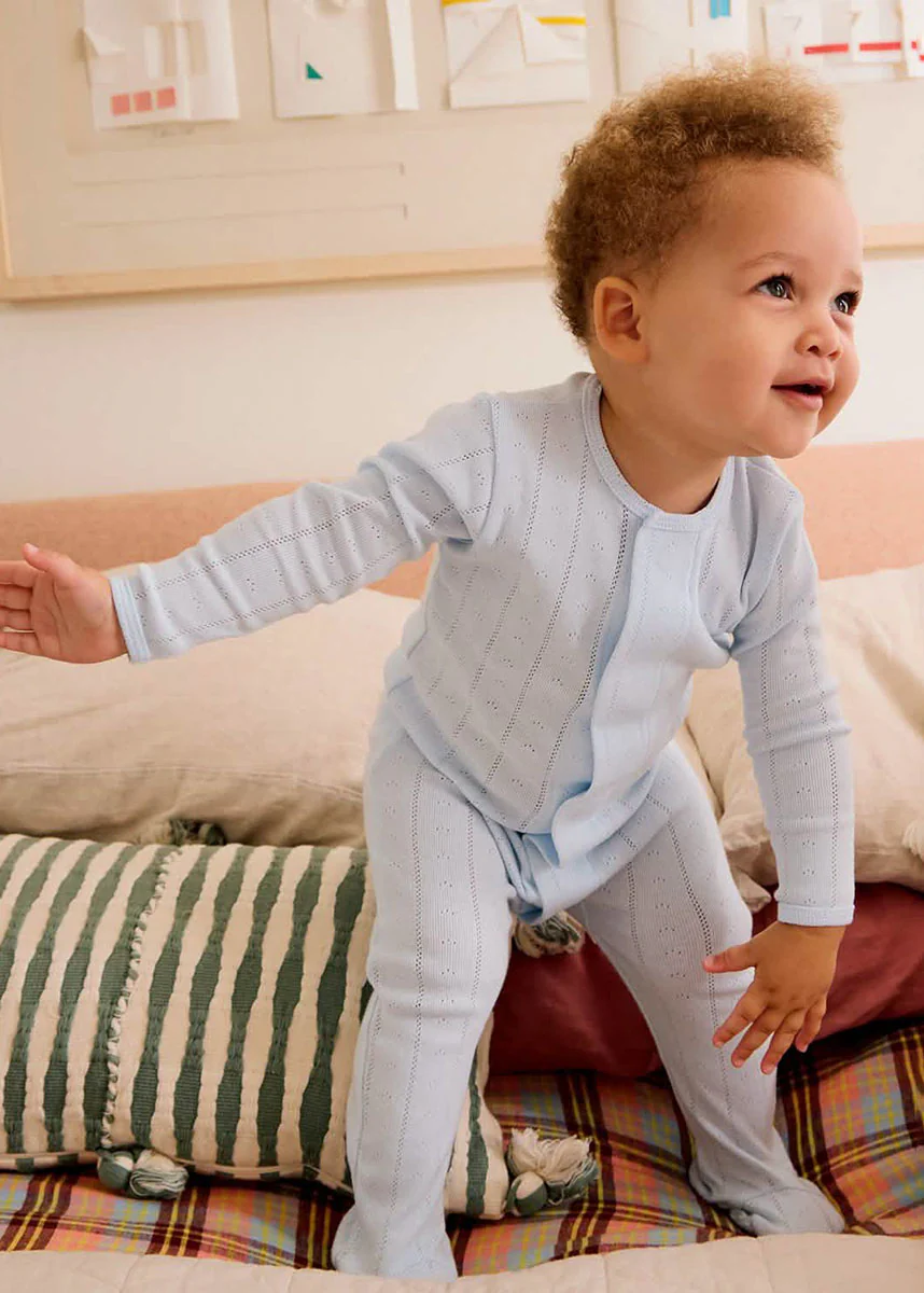 Organic Cotton Pointelle Magnetic Footie - Love Lines Blue - Image 3