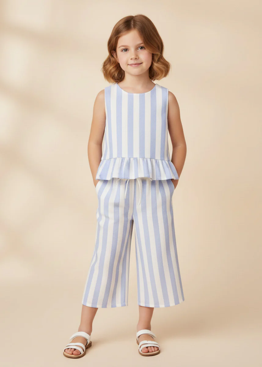 Organic Ruffle Top & Pant Set - Blue Stripes - Image 5