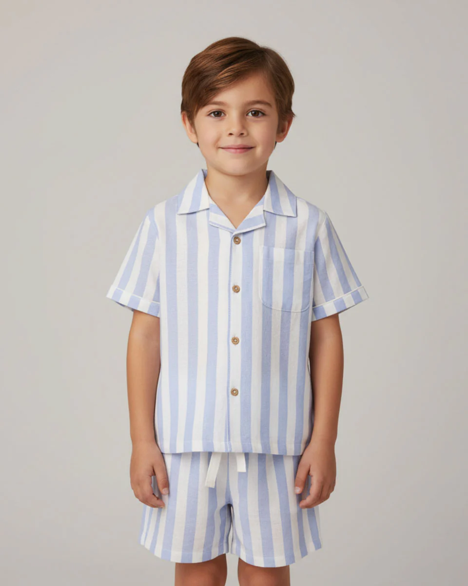 Organic Shirt & Shorts Set - Blue Stripes - Image 3