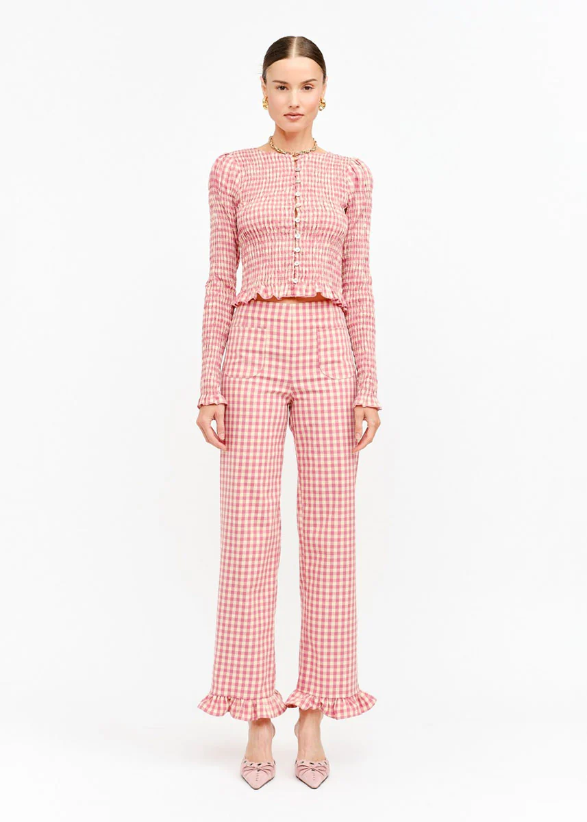 Paloma Straight Ruffle Gingham Pant - Pink - Image 5