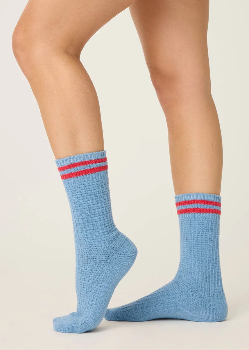 Parisian Dreams Waffle Crew Socks - Blue & Red - Image 2