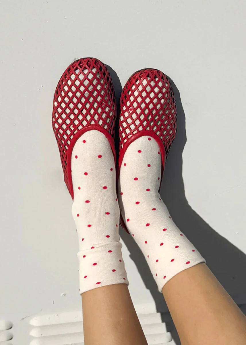 Polka Dot Sneaker Socks - Cream & Red - Image 2