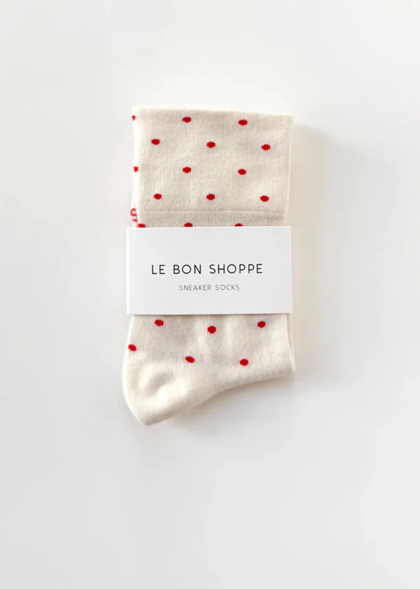 Polka Dot Sneaker Socks - Cream & Red - Image 3