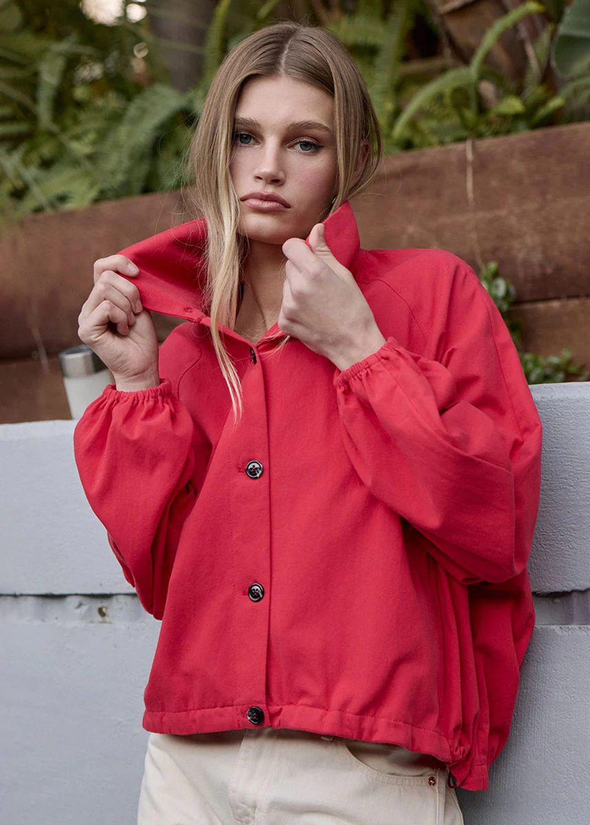 Ruby High Neck Button-Up Jacket - Red - Image 5