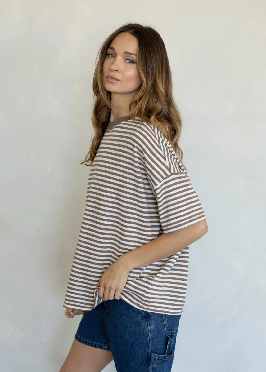 Striped Slub Oversized Tee - Taupe - Image 2
